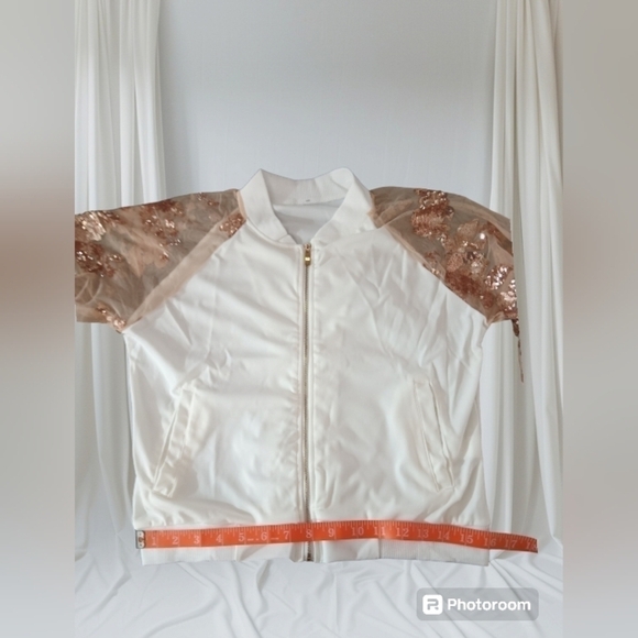 White Cropped Jacket Gold Zipper Mesh Long Sleeves XL - Picture 4 of 13
